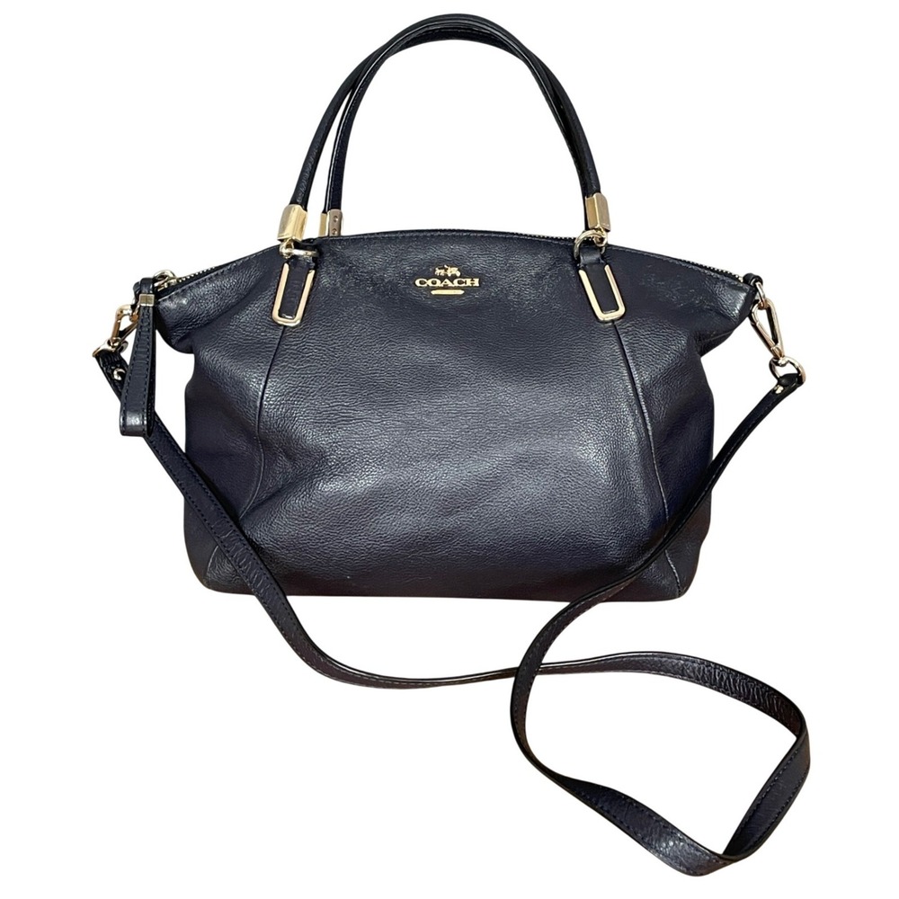Coach Navy Pebble Leather Satchel Crossbody Bag Gold Hardware Quiet Luxury Retro